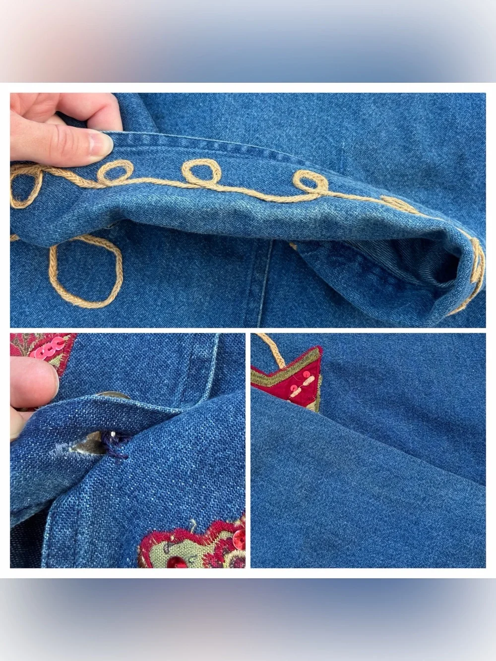 SOLD Vintage Tantrums Cowgirl Patchwork Denim Jacket Sequin Beaded Western - Picture 7 of 7
